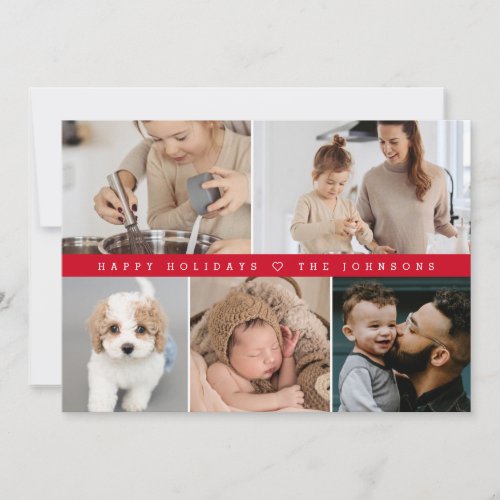 Red Modern Happy Holidays Family Photo Collage Holiday Card