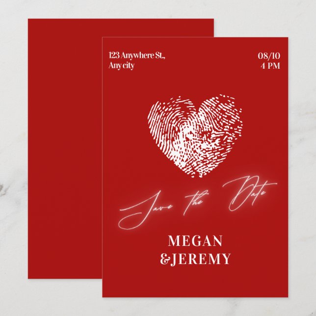 Red modern heart fingerprint wedding  save the date (Front/Back)