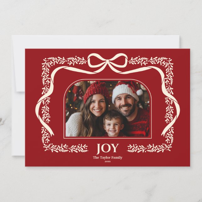 Red Modern Joy Christmas Bow Ribbon Photo Frame Invitation (Front)