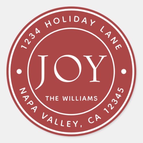 Red Modern Joy Holiday Return Address Classic Round Sticker