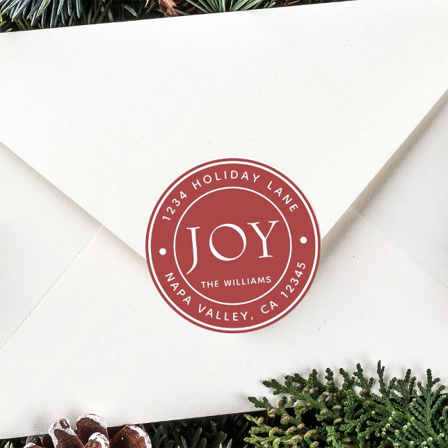 Red Modern Joy Holiday Return Address Classic Round Sticker (Creator Uploaded)