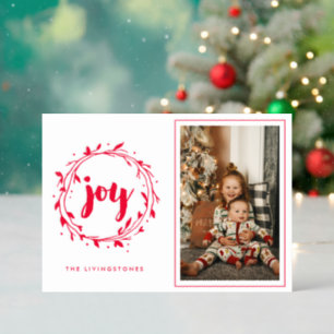 Red Modern Joy Wreath Holiday Letterpress Photo Cards