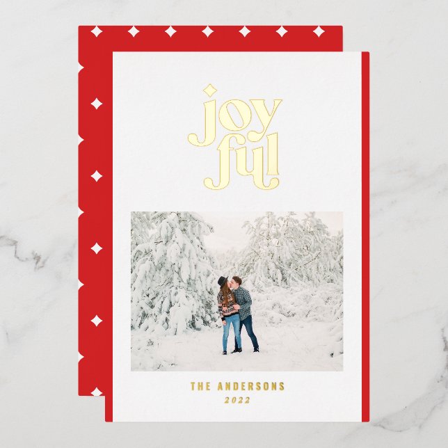 Red modern joyful 1 photo  foil holiday card (Front/Back)