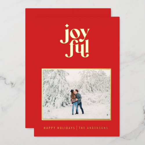 Red modern joyful 1 photo  foil holiday card