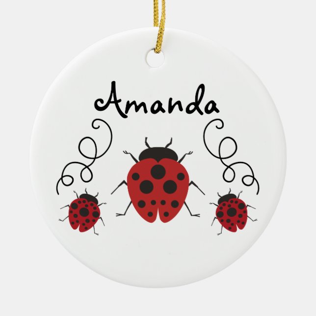 Red Modern Ladybug Personalize it Ceramic Ornament (Front)