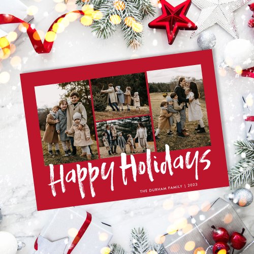 Red Modern Lettering Five Photo Happy Holiday Card