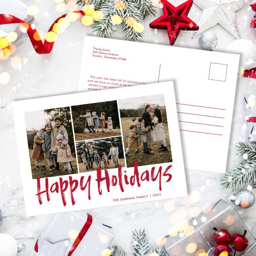 Red Modern Lettering Five Photo Happy Holiday Postcard