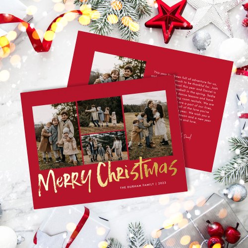 Red Modern Lettering Five Photo Merry Christmas  Foil Holiday Card