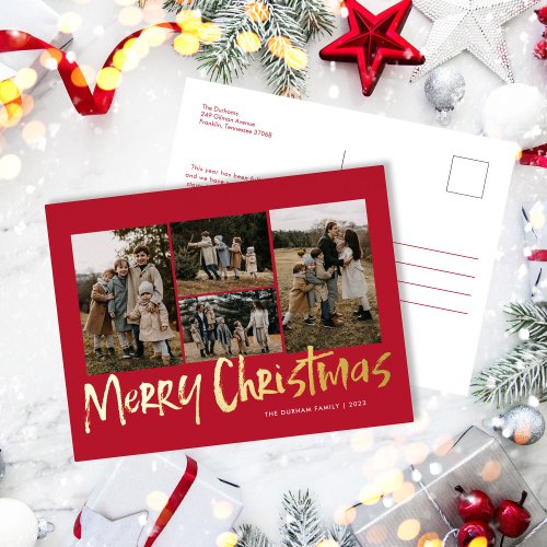 Red Modern Lettering Five Photo Merry Christmas  Foil Holiday Postcard