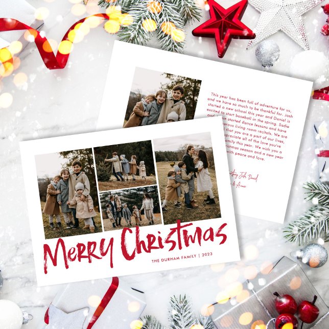 Red Modern Lettering Five Photo Merry Christmas  Holiday Card (Creator Uploaded)