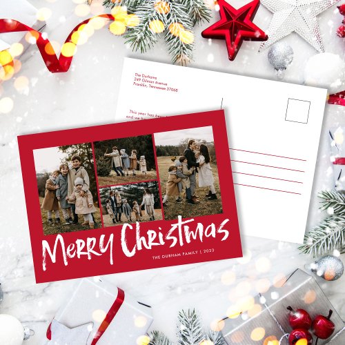 Red Modern Lettering Five Photo Merry Christmas  Holiday Postcard