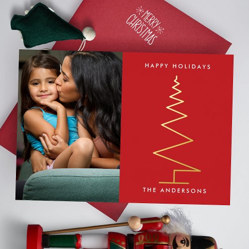 Red Modern Line Gold Christmas Tree  Photo Happy Foil Holiday Card