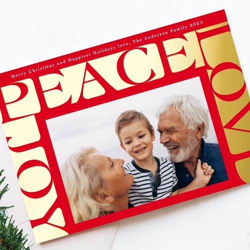 RED Modern LOVE PEACE JOY one photo frame Foil Holiday Card