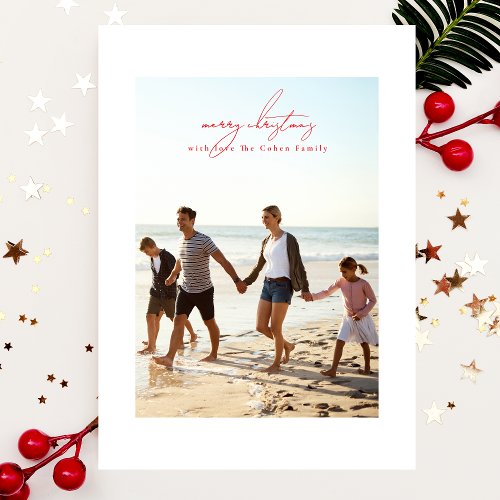 red modern merry christmas calligraphy photo frame holiday card