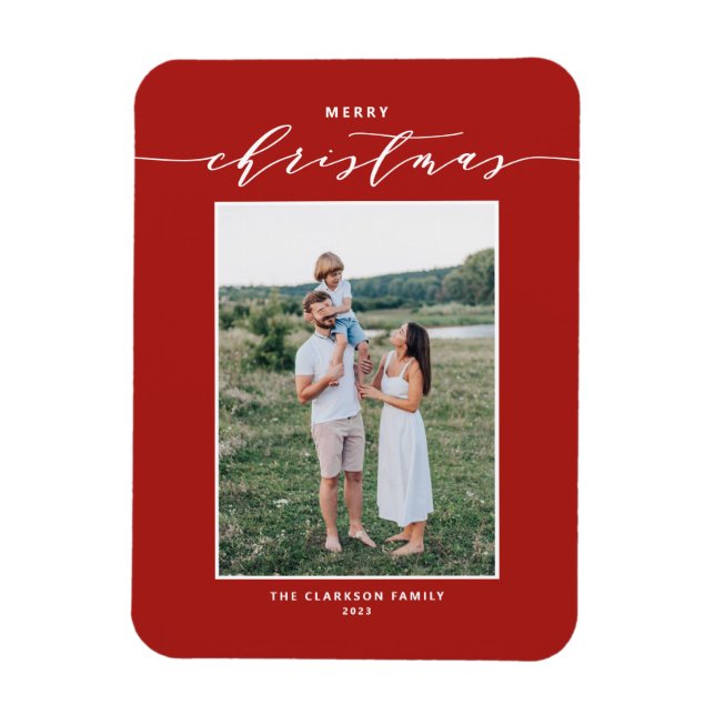 Red Modern Mix Typography Merry Christmas Photo Magnet (Vertical)