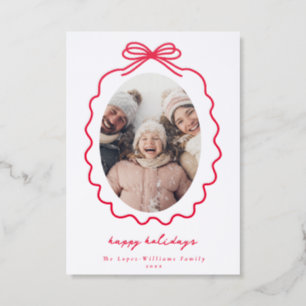Red Modern Oval Wavy Ribbon & Bow Holiday Letterpress Photo Cards