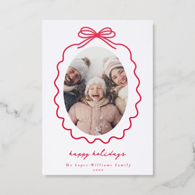 Red Modern Oval Wavy Ribbon & Bow Holiday Letterpress Photo Cards (Front)