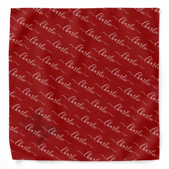 Red modern personalized name script and monogram bandana (Front)