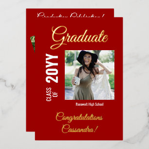 Red Modern Photo Collage Graduation Party Foil Invitation