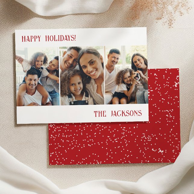 Red Modern Photo Collage Holiday Card with Snow (Creator Uploaded)