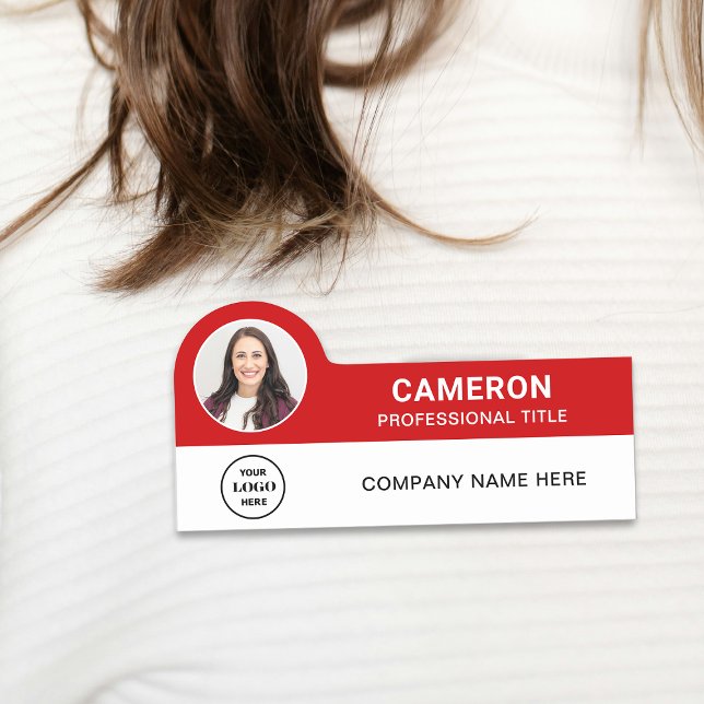 Red Modern Photo Company Logo Employee Name Tag (Creator Uploaded)