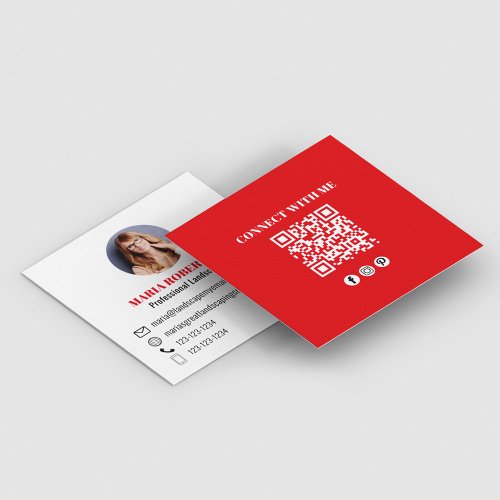 Red Modern QR Code Social Media Photo Square Business Card