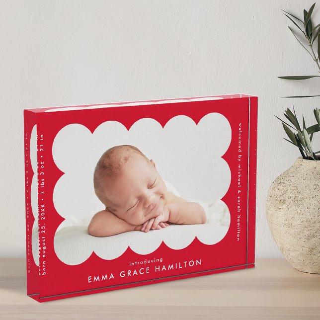 Red Modern Scalloped Birth Announcement Photo Block (Creator Uploaded)