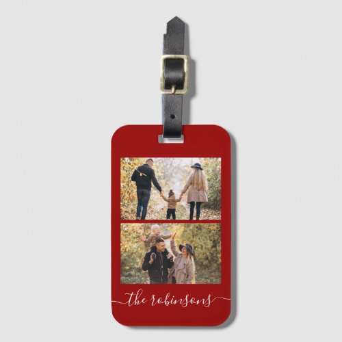 Red Modern Script 2 Photo Collage Luggage Tag