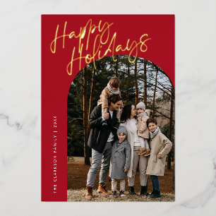 Red Modern Script Happy Holidays Arch 2 Photo Foil Holiday Card