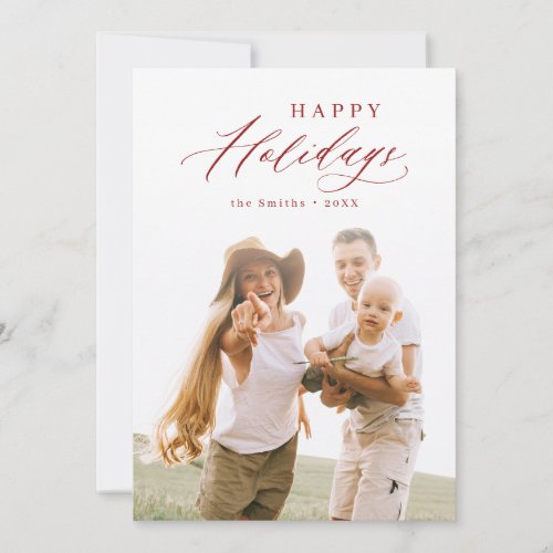 Red Modern Script Happy Holidays Family Photo Holiday Card