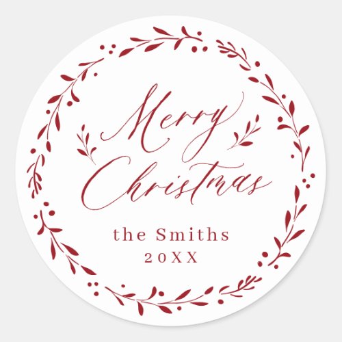Red Modern script Merry Christmas Holiday Gift Classic Round Sticker