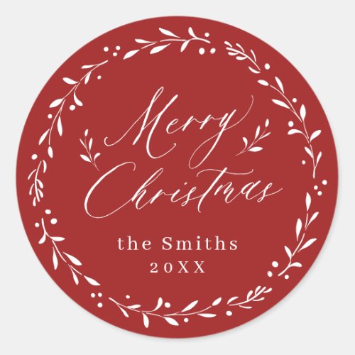 Red Modern script Merry Christmas holiday gift Classic Round Sticker