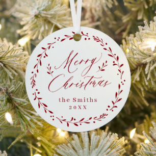 Red Modern script Merry Christmas Holiday Metal Ornament