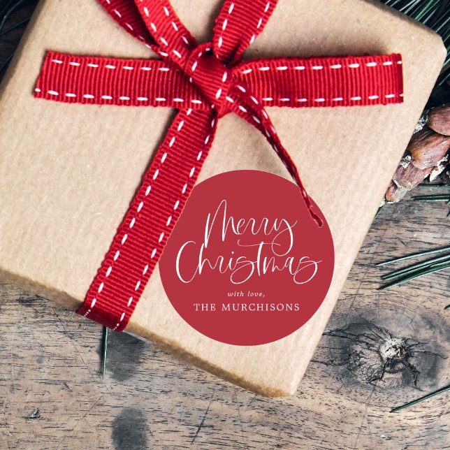 Red Modern Simple Calligraphy Merry Christmas Classic Round Sticker (Creator Uploaded)