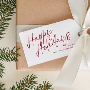 Red Modern Simple Script Happy Holidays Gift Tags
