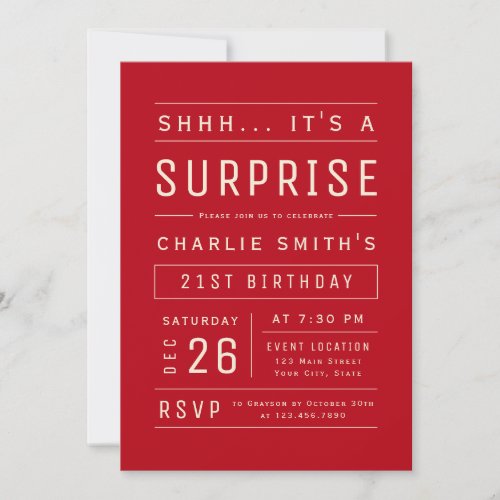 Red Modern Simple Typography Surprise Birthday Inv Invitation