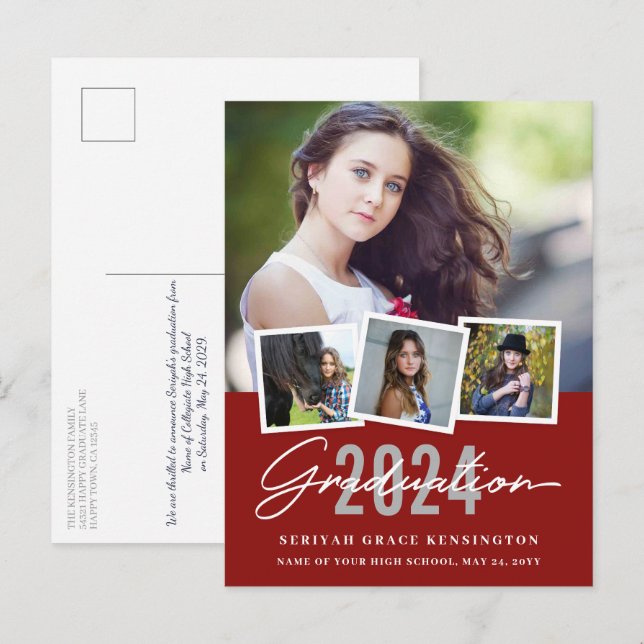 Red Modern Stylish Any Year Graduation 4 Photo Postcard (Front/Back)