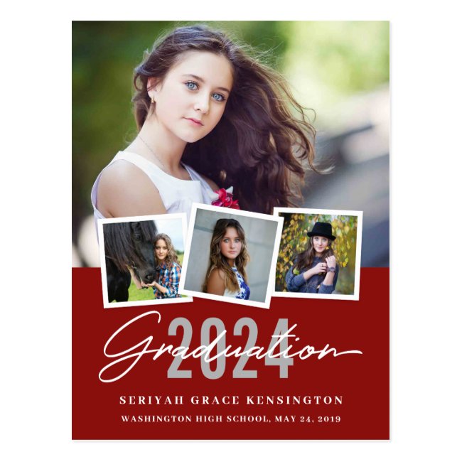 Red Modern Stylish Any Year Graduation 4 Photo Postcard
