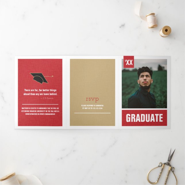 Red Modern Textured Photo Graduation Tri-Fold Invitation (Outside)