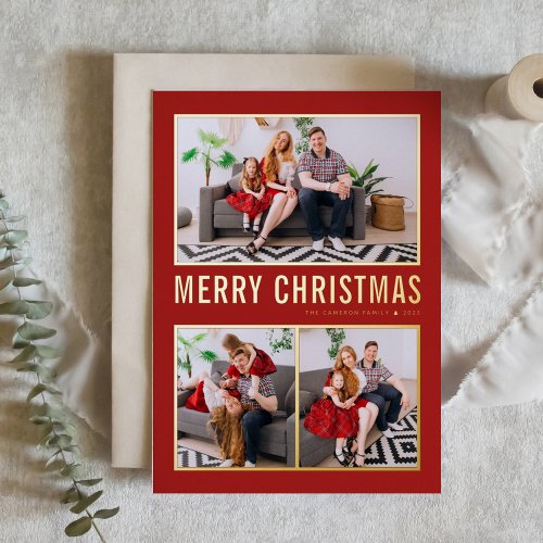 Red Modern Typography Christmas Three Photo Foil Holiday Card