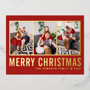 Red Modern Typography Photo Collage Christmas Foil Holiday Postcard