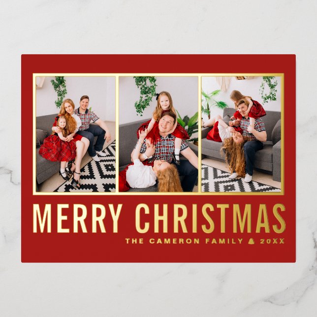 Red Modern Typography Photo Collage Christmas Foil Holiday Postcard (Front)