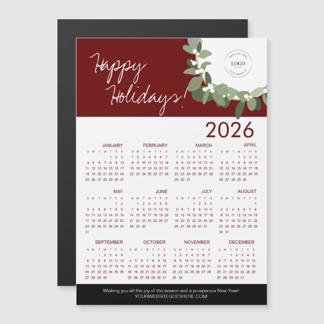 Red Modern Wreath Your Logo here 2026 Calendar (Front/Back)