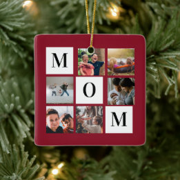 Red Mom Colorblock Photo Collage Personalized Ceramic Ornament