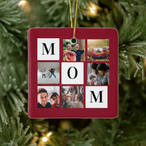 Red Mom Colorblock Photo Collage Personalized  Ceramic Ornament