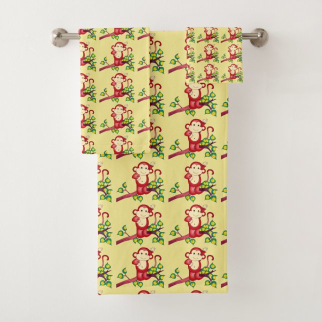 Red Monkey Pattern Bath Towel Set (Insitu)