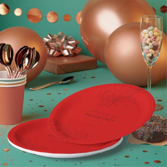 Red Monochromatic Swirls Will You Be My Valentine Paper Plates (Multi)