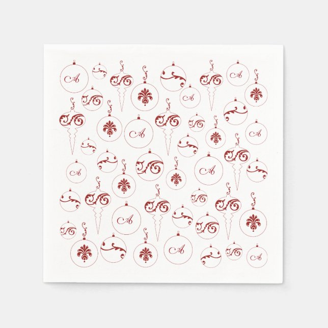 Red Monogram Bauble Ornaments Pattern Christmas Napkins (Front)