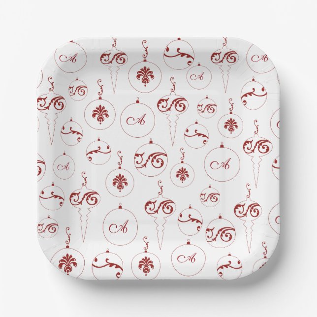 Red Monogram Bauble Ornaments Pattern Christmas Paper Plates (Front)