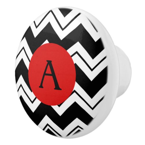 Red Monogram Black White Chevron ZizZag Ceramic Knob